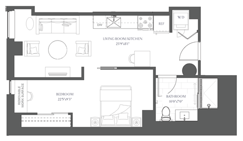 a floor plan of a living room and bedroom
